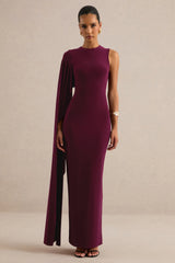 Maravelle | Burgundy Round-Neck Maxi Dress With Cape Sleeve