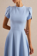 Vicky | Powder Blue High Neck Midi Dress With Puff Sleeves