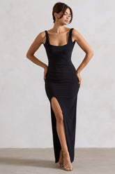 Kate | Black Square Neck Maxi Dress With Plunge Back And Side Thigh Split