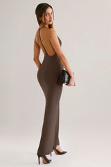 Modal Plunge Backless Maxi Dress In Chocolate Brown