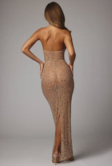 Sheer Embellished High Neck Evening Gown In Almond