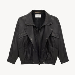 Saint Laurent Women's Bubbled Lambskin Bomber Jacket Spring/Fall Stand Collar Zipper Pilot Jacket Solid Color Motorcycle Leather Jacket Ngvp #2714