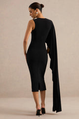 Ilarie | Black Round-Neck Midi Dress With Cape Sleeve