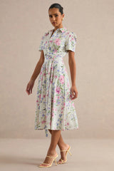 Viviette | Cream Floral Print Collared-Neck Midi Dress