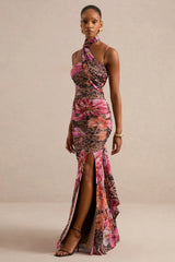 Navia | Brown Animal And Floral Print Square-Neck Maxi Dress With Sash Detail
