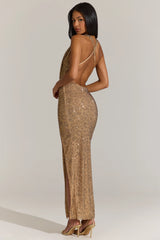 Embellished Plunge Cowl Neck Maxi Dress In Gold Leopard
