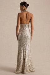 Tulia | Gold Sequin High-Neck Maxi Dress