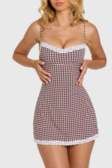 Modal Lace-Trim Mini Dress In Brown Gingham
