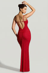 Embellished Plunge Neck Evening Gown In Red