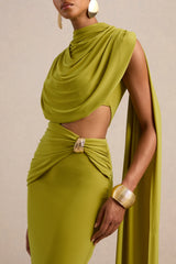 Esmaria | Olive High-Neck Maxi Dress With Gold Detail And Sash