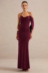 Karisa | Burgundy Satin Cowl-Neck Maxi Dress With Draped Detail