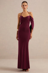 Karisa | Burgundy Satin Cowl-Neck Maxi Dress With Draped Detail