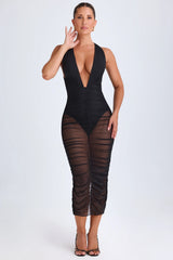 Ruched Plunge Midaxi Dress In Black