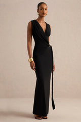 Nalina | Black Plunge-Neck Maxi Dress With Gathered Detailing And Gold Detail