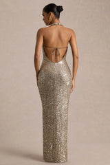 Gio | Champagne Sequin Plunge-Neck Wrap Maxi Dress With Ruched Detailing And Front Split