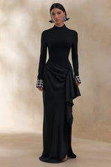 Starred | Black High-Neck Maxi Dress With Satin Wrap-Skirt And Embellished Cuffs