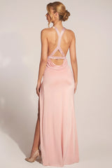 Cowl-Neck Thigh-High Gown In Blush Pink