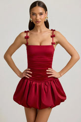 Bow-Detail Ruched Bubble Hem Mini Dress In True Red