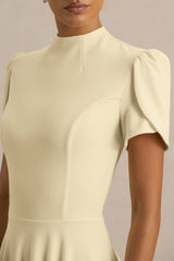 Vicky | Lemon High Neck Midi Dress With Puff Sleeves