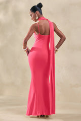 Kenza | Coral Asymmetric-Neck Maxi Dress With Scarf-Detail