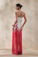 Bejewelled | Cream And Pink Floral Cowl-Neck Maxi Dress With Fringe Hem