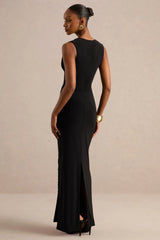 Nalina | Black Plunge-Neck Maxi Dress With Gathered Detailing And Gold Detail