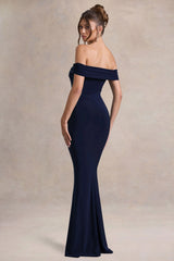 Law Of Attraction | Navy Bardot Draped Split Maxi Dress