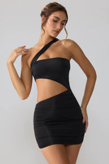 Slinky Jersey Ruched Cut Out Mini Dress In Black