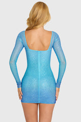 Embellished Long-Sleeve Mini Dress In Blue Ombre