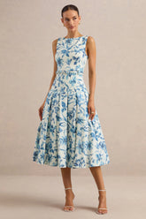 Sunnira | Blue Porcelain Print Boat-Neck Midi Dress With Drop-Waist