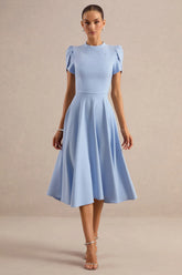 Vicky | Powder Blue High Neck Midi Dress With Puff Sleeves