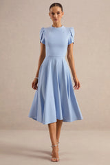 Vicky | Powder Blue High Neck Midi Dress With Puff Sleeves