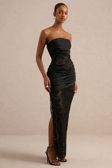 Dulcie | Black Lace And Satin Bandeau Midaxi Dress With Wrap-Details