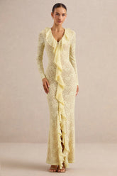 Exelia | Lemon Lace Plunge-Neck Maxi Dress With Long-Sleeves
