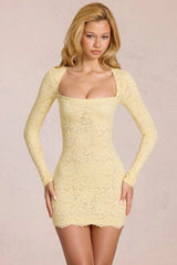 Scalloped-Lace Long-Sleeve Mini Dress In Lemon Yellow