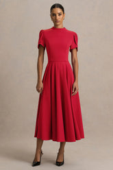 Vicky | Red High Neck Midi Dress With Puff Sleeves