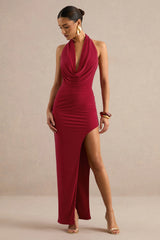 Imogenia | Red Cowl Plunge-Neck Maxi Dress With Front-High Split