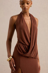 Velia | Brown Extreme Plunge-Neck Semi-Sheer Maxi Dress With Front High Split