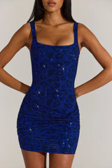 Embellished Square-Neck Mini Dress In Cobalt Blue