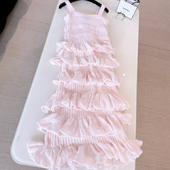 Chanel 25K Solid Color Pleated Knitted Design Suspender Long Dress Mohair And Silk Light Pink #332234