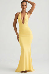 Ruched Backless Halterneck Gown In Pastel Yellow