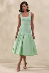 Nanette | Mint Square-Neck Midi Dress With Voluminous Skirt