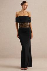Forsya | Black Bardot-Neck Maxi Dress With Lace-Detailing