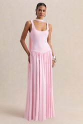 Aurina | Pink Square-Neck Maxi Dress With Scarf-Detail