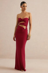 Mireia | Red Bandeau-Neck Maxi Dress With Body Cut-Out And Gold Details