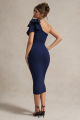 Ambretta | Navy One-Shoulder Midi Dress With Bow