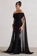 Carlotta | Black Bardot Maxi Dress With Chiffon Cape