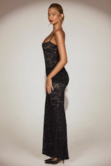 Sheer Lace Square-Neck Ruched Gown In Black