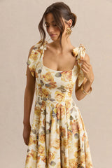 Mena | Lemon Rose Print Square-Neck Midi Dress With Bow Sleeves