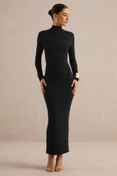 Erienne | Black High-Neck Maxi Dress With Ruched Detailing